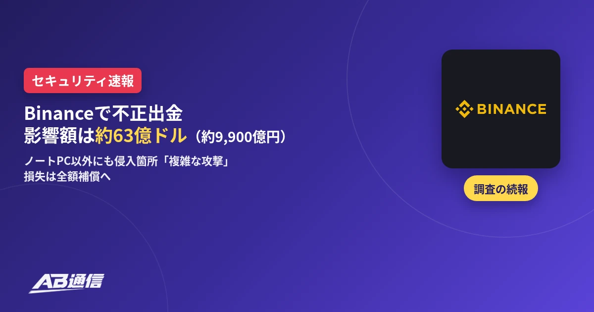 AB通信のセキュリティ速報アイキャッチ。Binanceで不正出金、影響額は約63億ドル（約9,900億円）。ノートPC以外にも侵入箇所「複雑な攻撃」、損失は全額補償へ。黒背景のBinance公式ロゴと「調査の続報」の表示