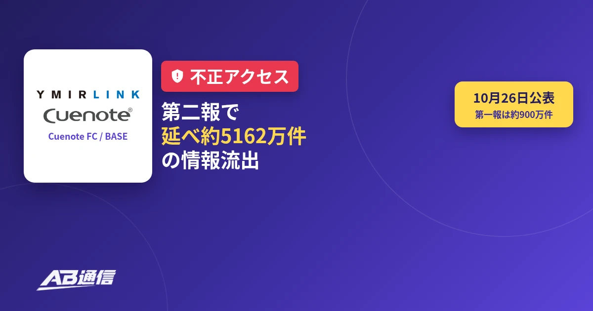 ユミルリンクのCuenote不正アクセス第二報で延べ約5162万件の情報流出を報じるニュースのアイキャッチ