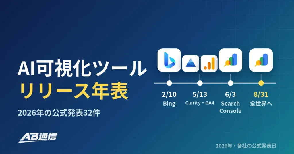 AI可視化ツールのリリース年表2026：Search Console・Bing・Clarity・GA4・ChatGPT Adsの公式発表32件【2026年10月】のアイキャッチ画像