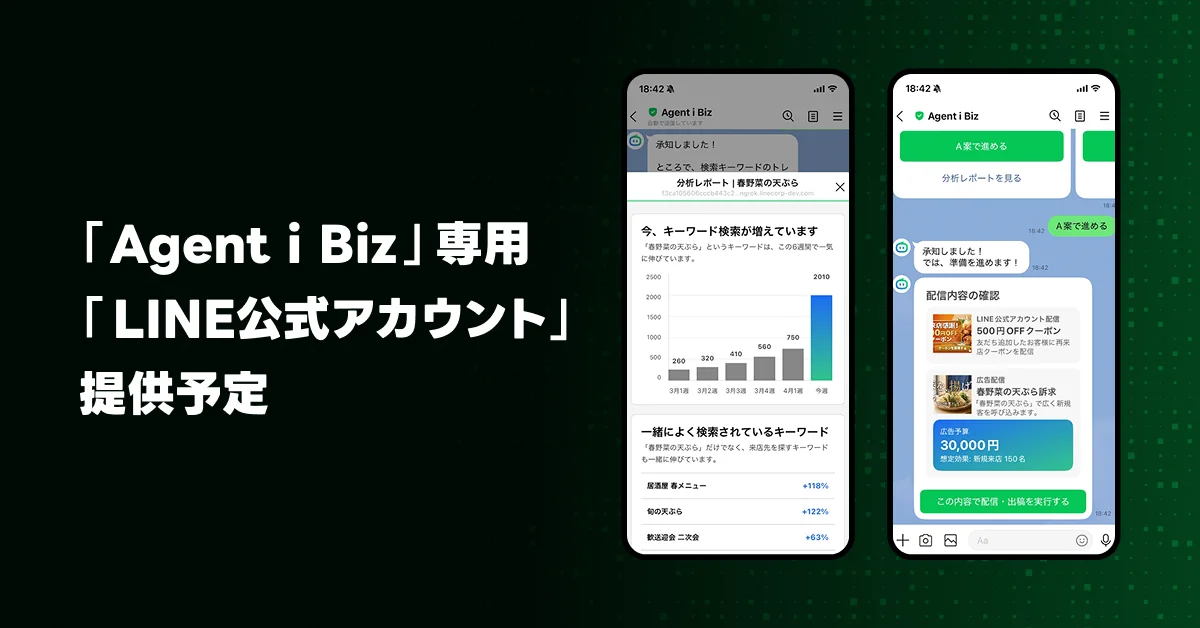 提供予定のAgent i Biz専用LINE公式アカウントの画面イメージ。キーワード検索の分析レポートと、配信内容の確認画面