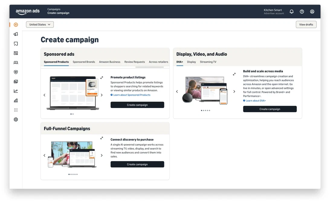 Amazon Ads Agentのキャンペーン作成画面。スポンサー広告、ディスプレイ・動画・オーディオ、Full-Funnel Campaignsを選べる（公式画像）