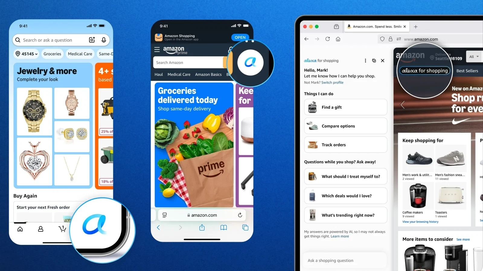 AmazonアプリとWebのAmazon.comでAlexa for Shoppingを使う画面（公式画像）
