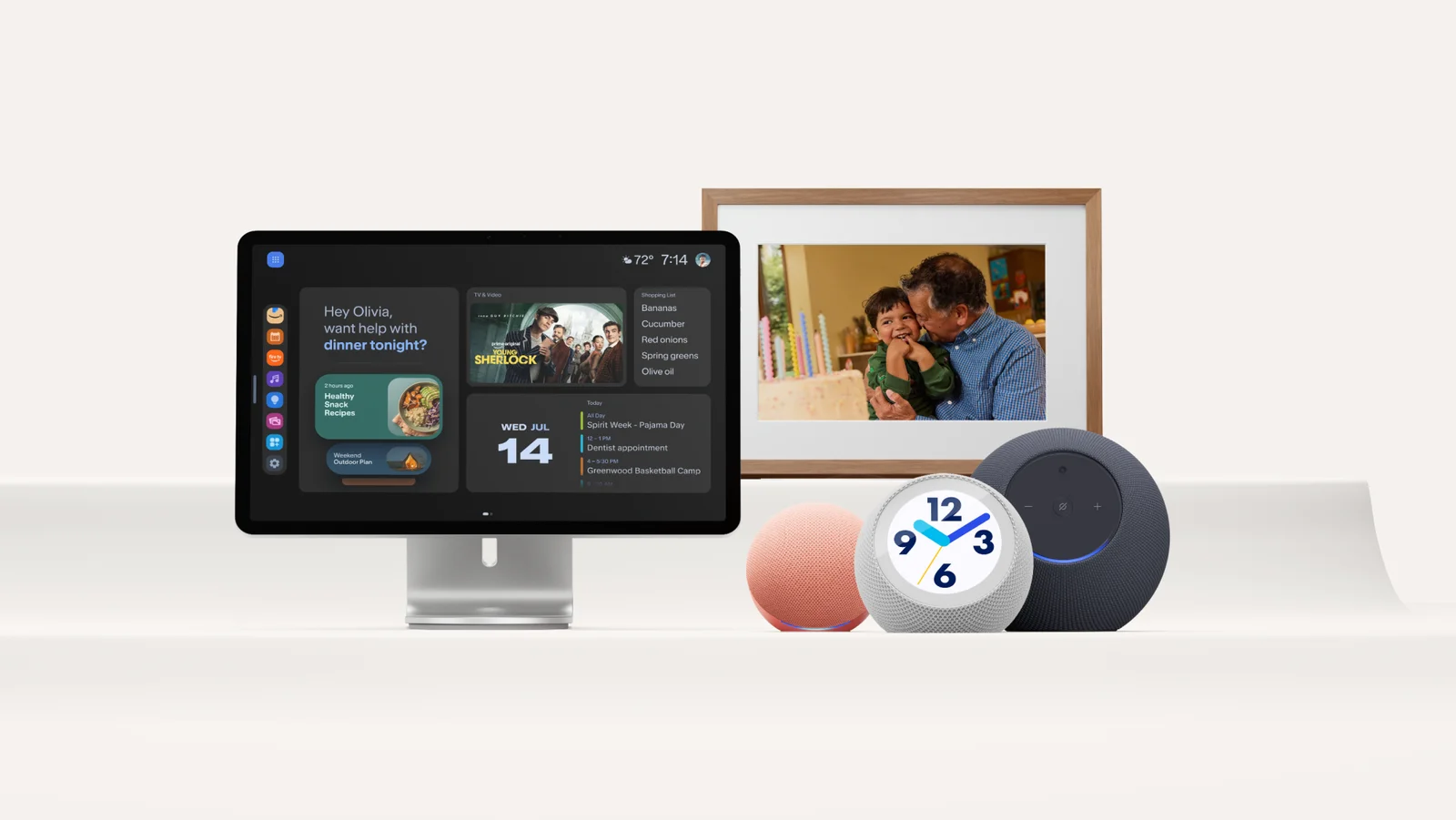 Amazonの2026年新製品のEcho Show 16、Alexa Photo Frame、Echo Dot、Echo Time、Echo Studio（公式画像）
