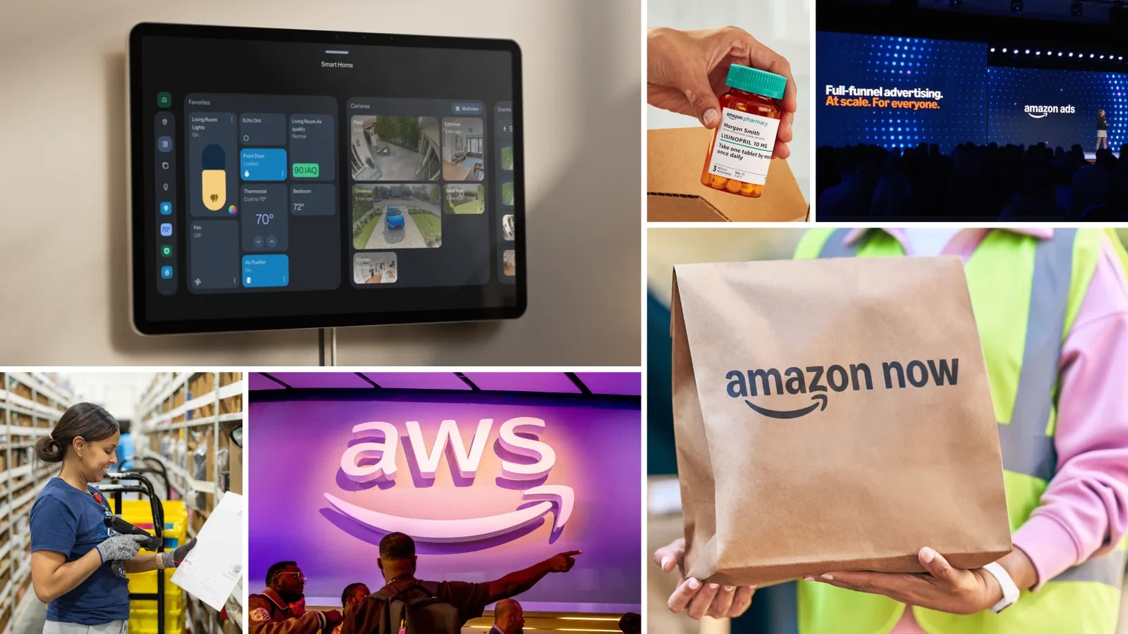 AmazonのQ3 2026決算ハイライト（Echo Show、Amazon Pharmacy、Amazon Ads、物流拠点、AWS、Amazon Now）の公式コラージュ画像