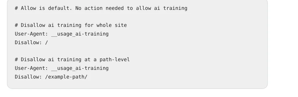 robots.txtの記述例。User-Agent: __usage_ai-training の下にDisallow: / でサイト全体、Disallow: /example-path/ でパス単位のAI学習を拒否する