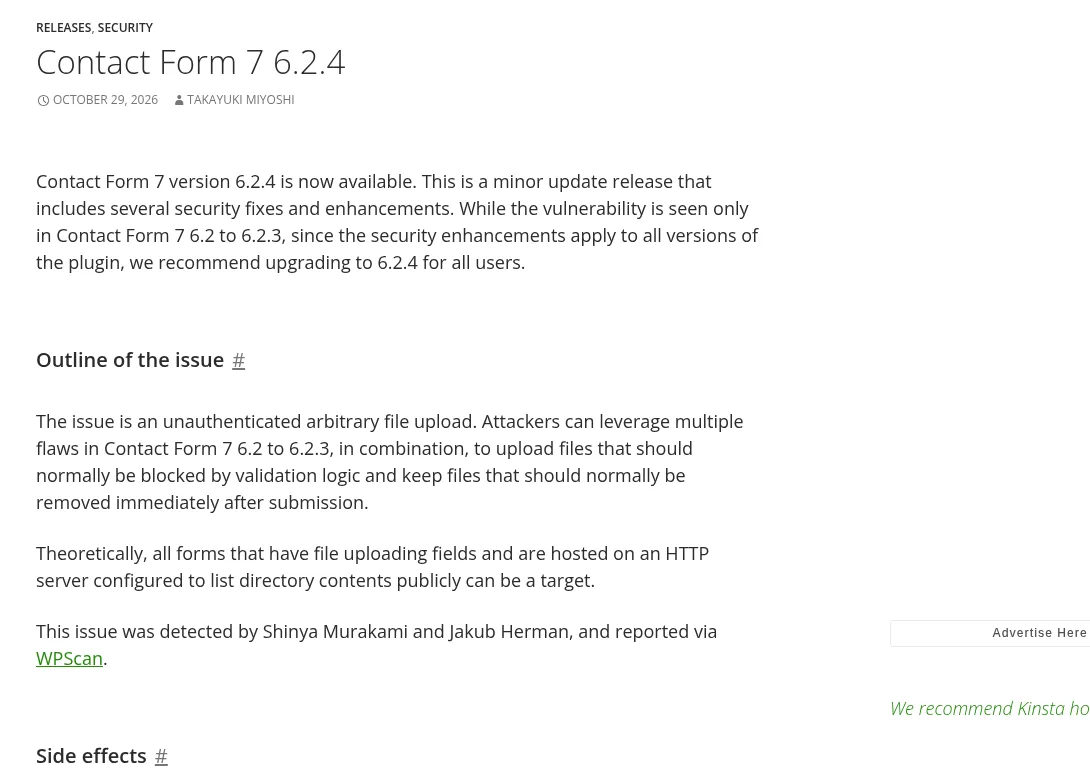 Contact Form 7公式サイトのリリース記事「Contact Form 7 6.2.4」。6.2から6.2.3に認証なしの任意ファイルアップロードの問題があり、全利用者に6.2.4への更新を勧めると書かれている