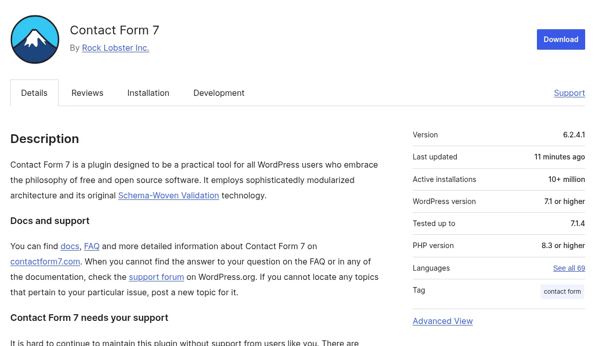 WordPress.orgのContact Form 7プラグインページ。バージョン6.2.4.1、有効インストール数1,000万以上、WordPress 7.1以上、PHP 8.3以上と表示されている