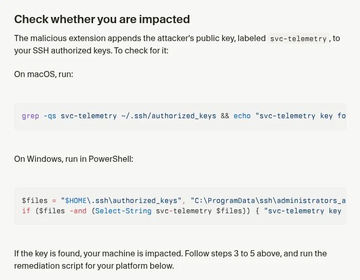 Cursor公式ブログの「Check whether you are impacted」の項。macOSとWindowsで、svc-telemetryという鍵がauthorized_keysにあるかを調べるコマンドが載っている
