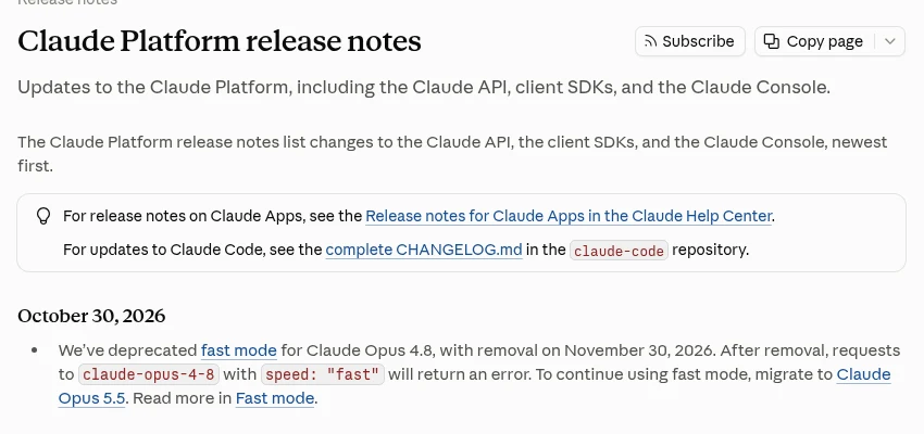 Claude Platformのリリースノートの2026年10月30日の項目。Claude Opus 4.8のfast modeを非推奨にし、2026年11月30日に提供を終えると書かれている