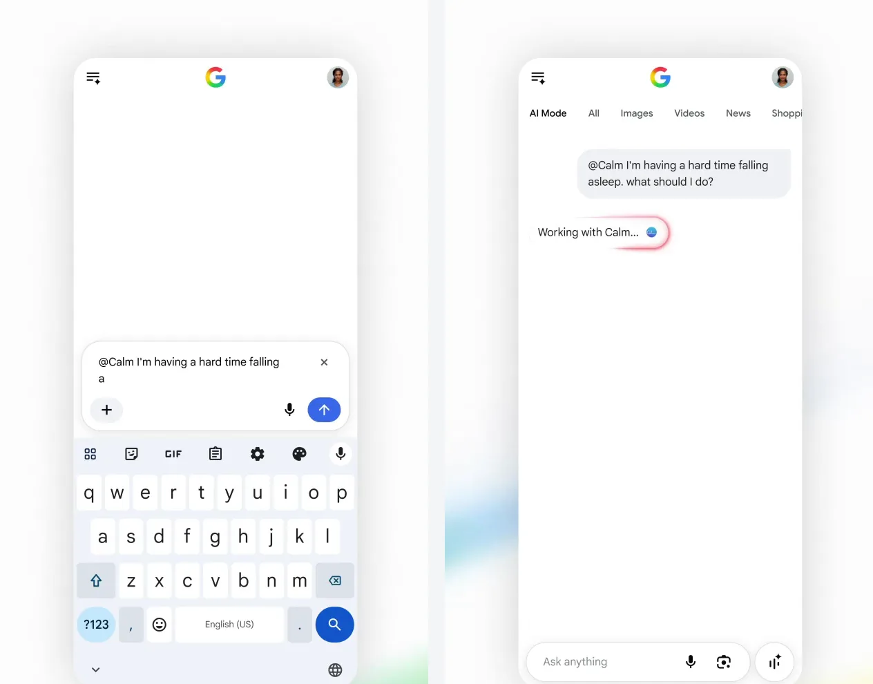 SearchのAI Modeで「@Calm」と入力して相談し、「Working with Calm…」と表示される公式動画の場面