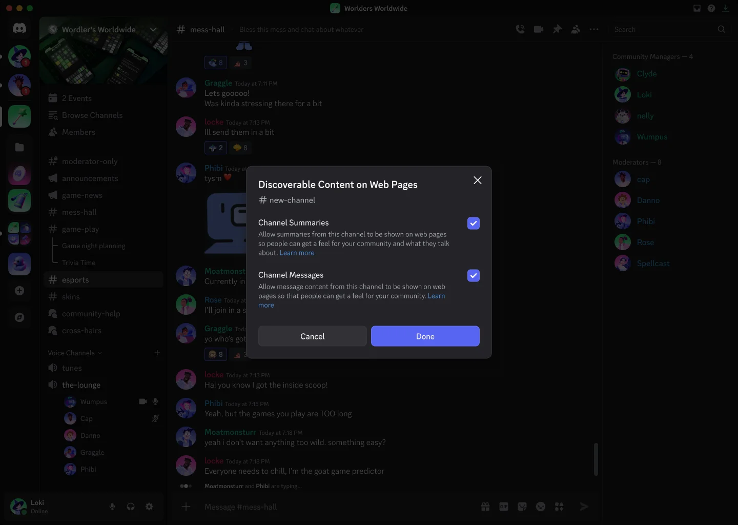 チャンネルごとの「Discoverable Content on Web Pages」設定。Channel SummariesとChannel Messagesのチェックボックス