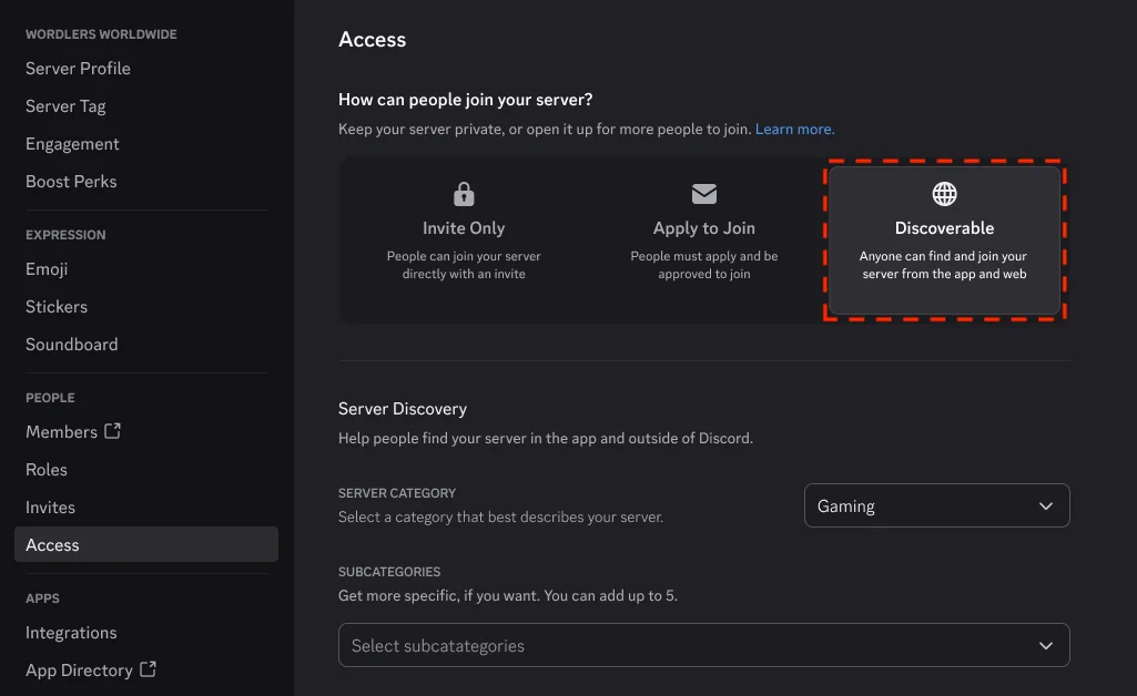 Discordのサーバー設定「Access」画面。Invite Only、Apply to Join、Discoverableの3つから参加方法を選ぶ