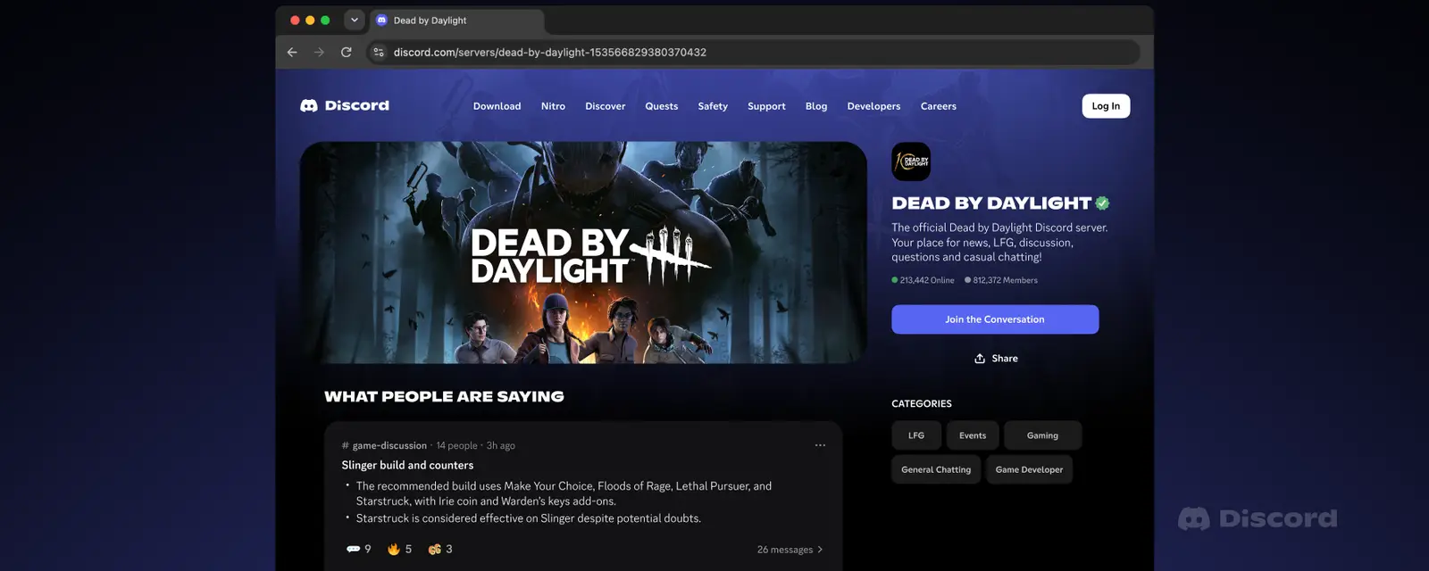 Dead by DaylightのDiscordサーバーウェブページ。「WHAT PEOPLE ARE SAYING」欄にチャンネルの話題の要約が表示されている