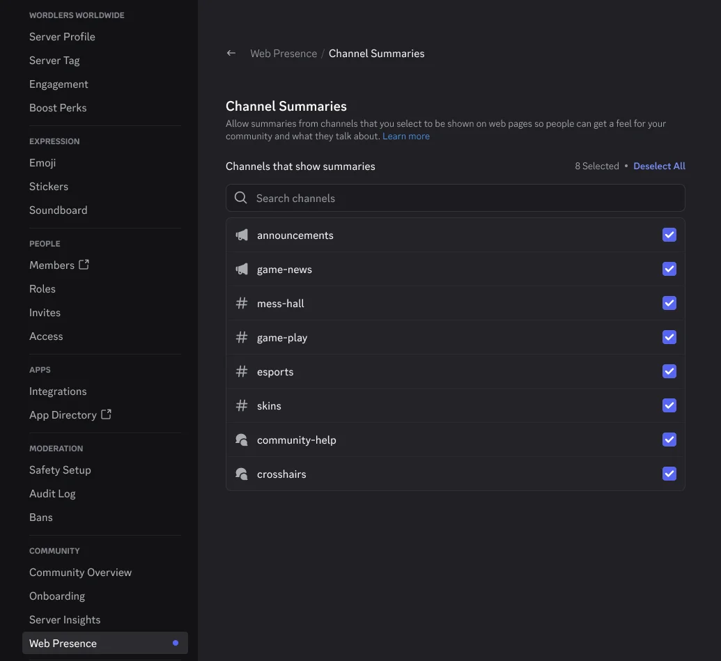 Web PresenceのChannel Summaries設定で、要約の対象にするチャンネルを選ぶ一覧とDeselect Allのボタン