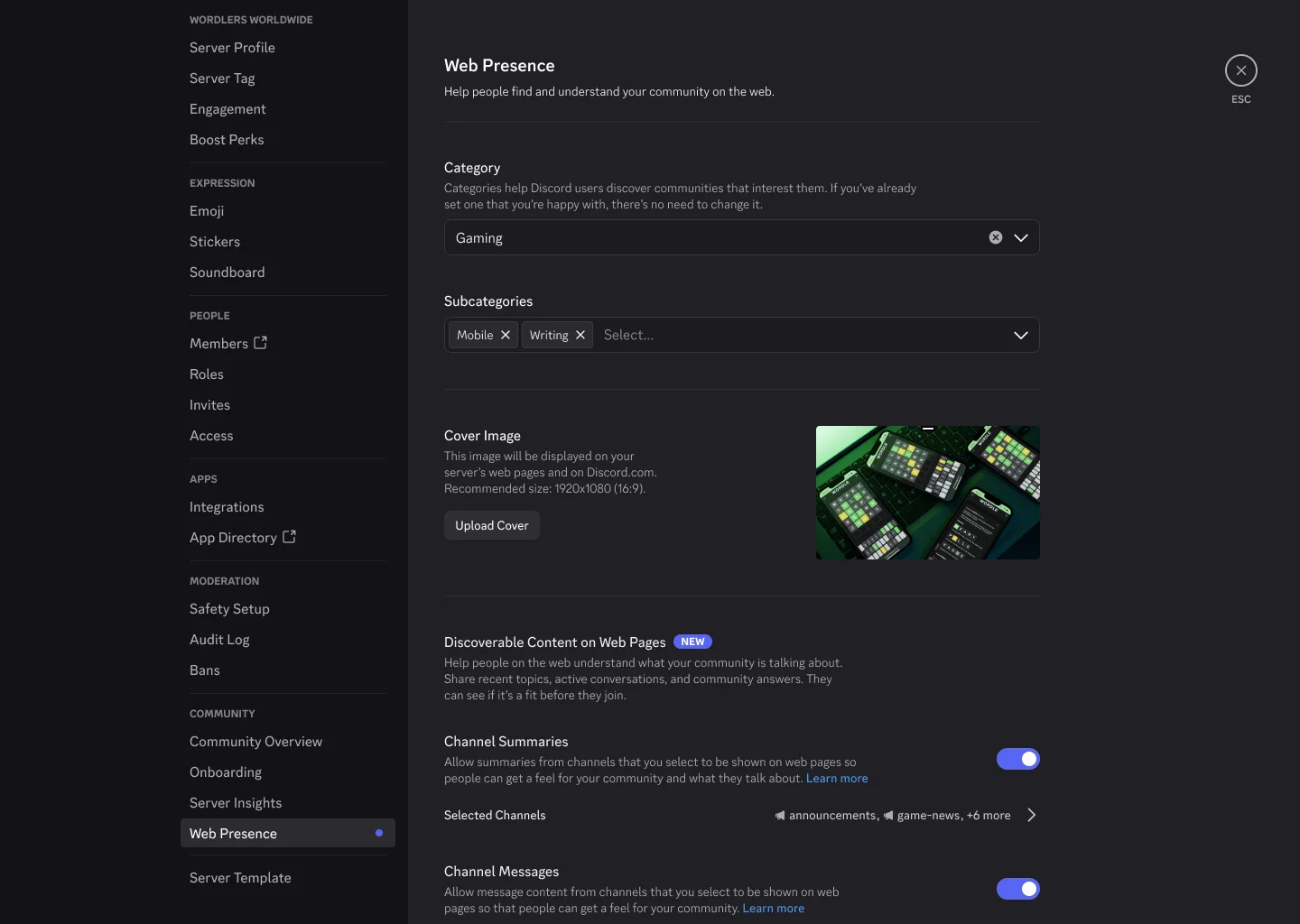 Discordのサーバー設定、コミュニティ内の「Web Presence」画面。Channel SummariesとChannel Messagesのトグルがオンになっている
