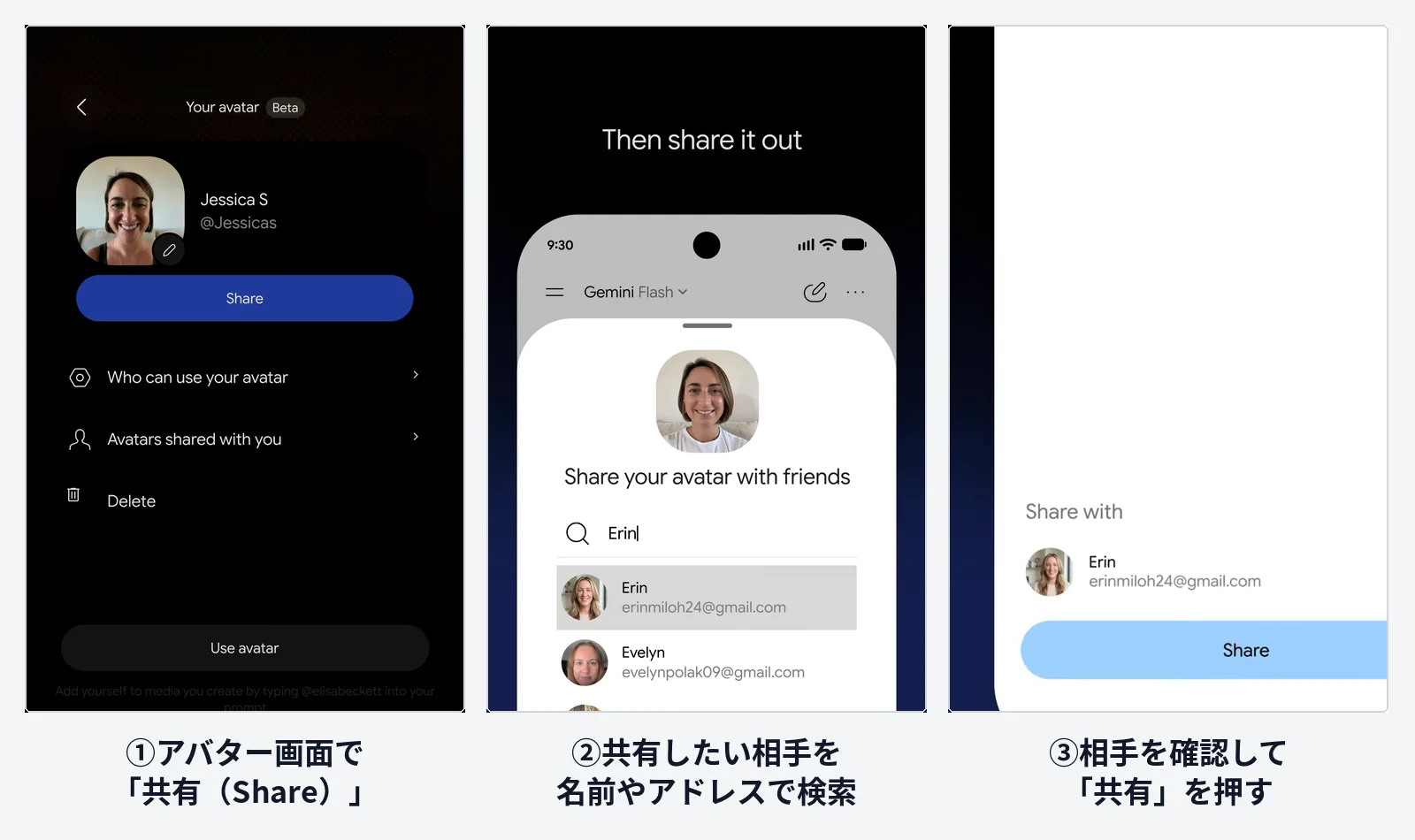 Geminiアプリでアバターを共有する手順。アバター画面のShareボタン、共有相手の検索、相手を確認してShareを押す3画面
