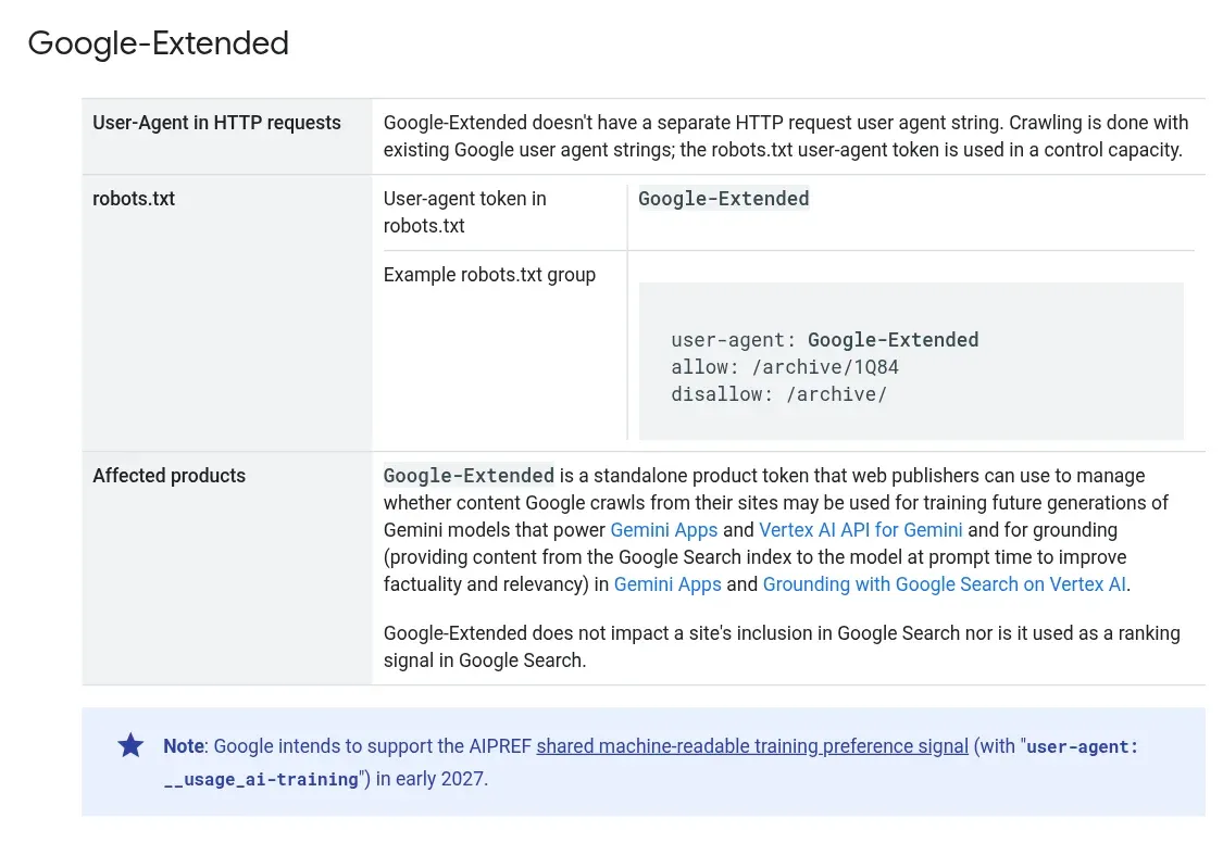 Googleのクローラー一覧のGoogle-Extendedの項目。下の注記に、user-agent: __usage_ai-training によるAIPREFの共通の学習可否シグナルに2027年初めに対応する予定と書かれている