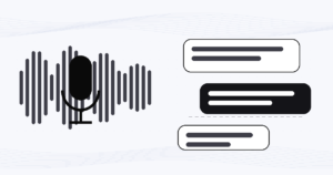 音声の波形とマイク、吹き出しで音声AIをあらわしたイラスト