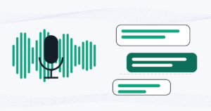 音声の波形とマイク、吹き出しで音声AIをあらわしたイラスト
