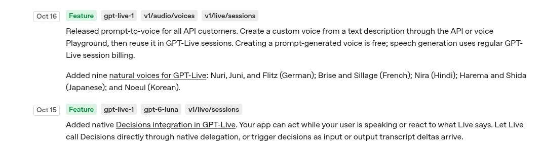 OpenAI API Changelogの2026年10月16日と15日の項目。prompt-to-voiceの一般提供、日本語のHaremaとShidaを含む9つの声の追加、Decisions連携が書かれている