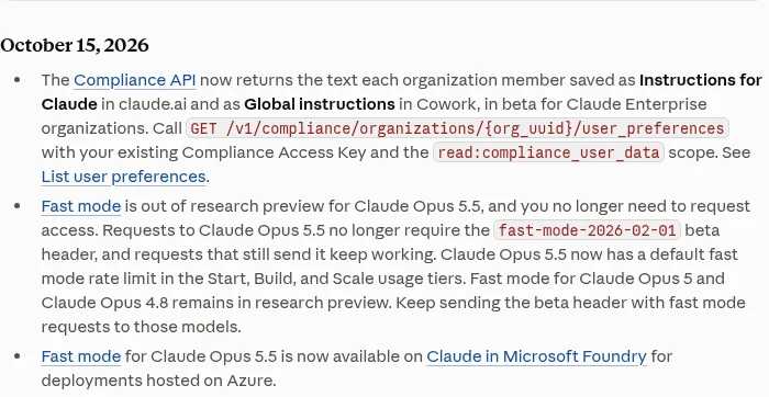 Claude Platformのリリースノート（2026年10月15日）。Claude Opus 5.5のFast modeが研究プレビューを終え、申請が不要になったと書かれている
