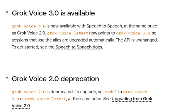 xAI APIのリリースノート(10月14日)。Grok Voice 3.0の提供開始とGrok Voice 2.0の非推奨化が書かれている