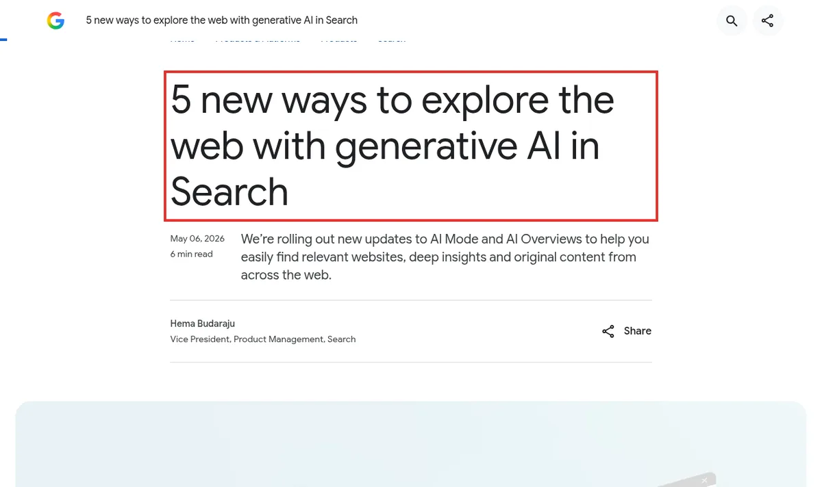 AI検索でウェブを探しやすくする5つの更新を伝えるGoogle公式ブログのページ