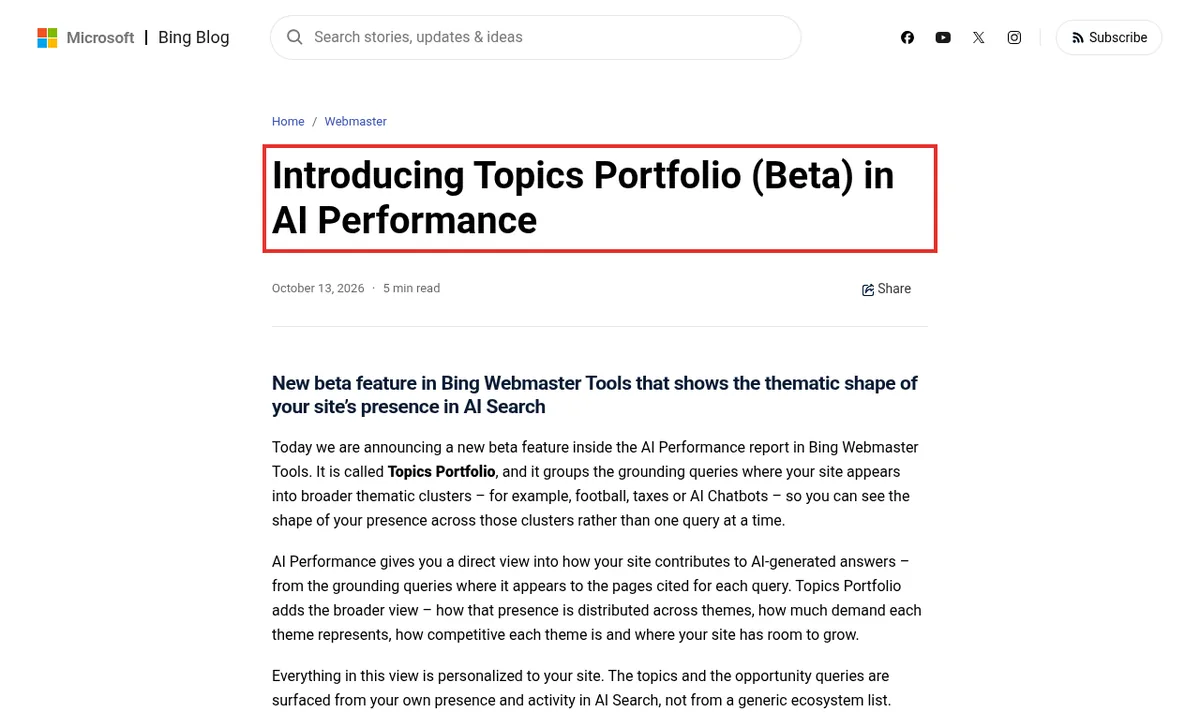 Bing Webmaster BlogのTopics Portfolio（ベータ）発表ページ
