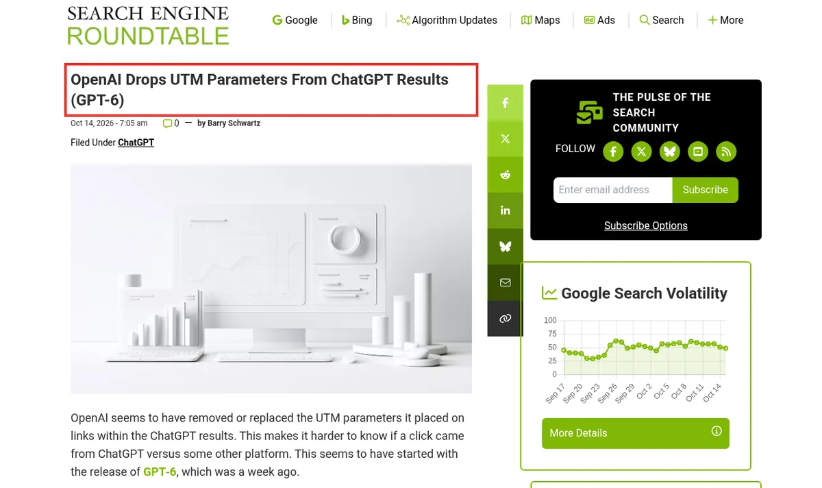 ChatGPTのUTM消失を報じたSearch Engine Roundtableの記事ページ