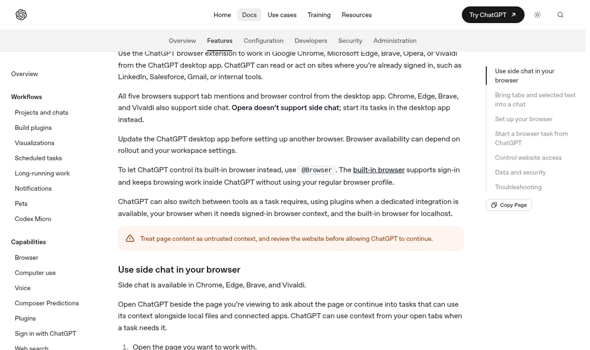 ChatGPTのブラウザ拡張機能の公式ヘルプページ