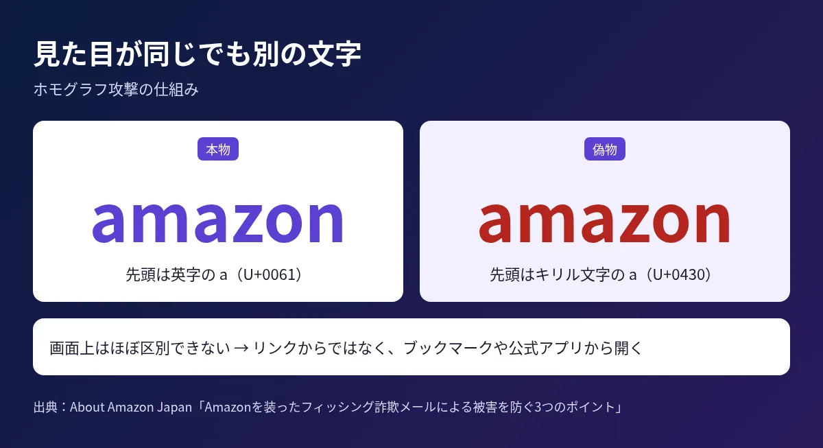 英字のaとキリル文字のаを使ったamazonの表記を並べ、見た目では区別できないことを示す図