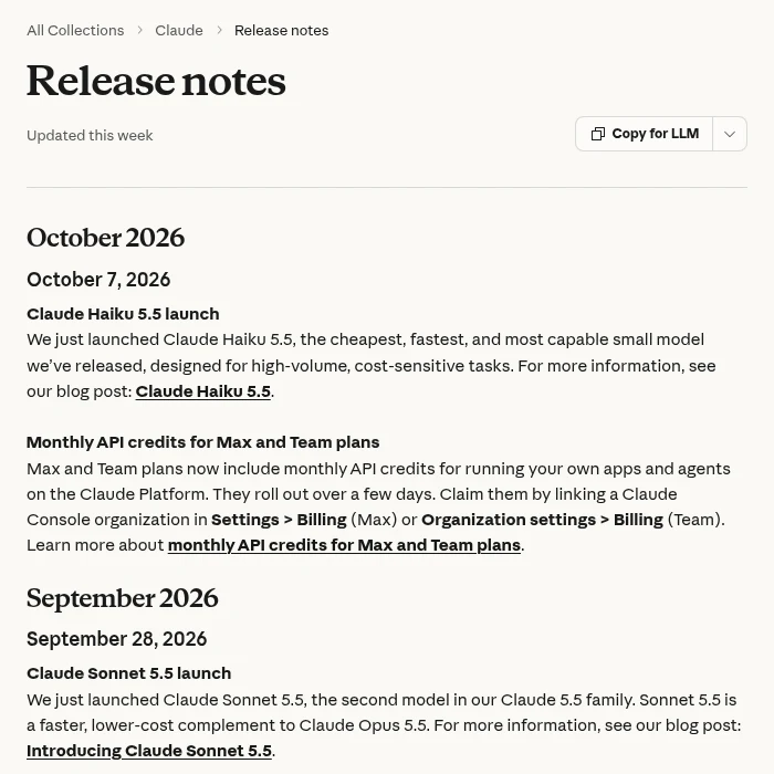 Claudeのリリースノート。2026年10月の項目はClaude Haiku 5.5の公開(10月7日)で、新しいモデルの告知はない