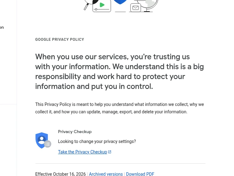 Googleプライバシーポリシー(米国英語版)の冒頭。発効日が2026年10月16日と表示されている