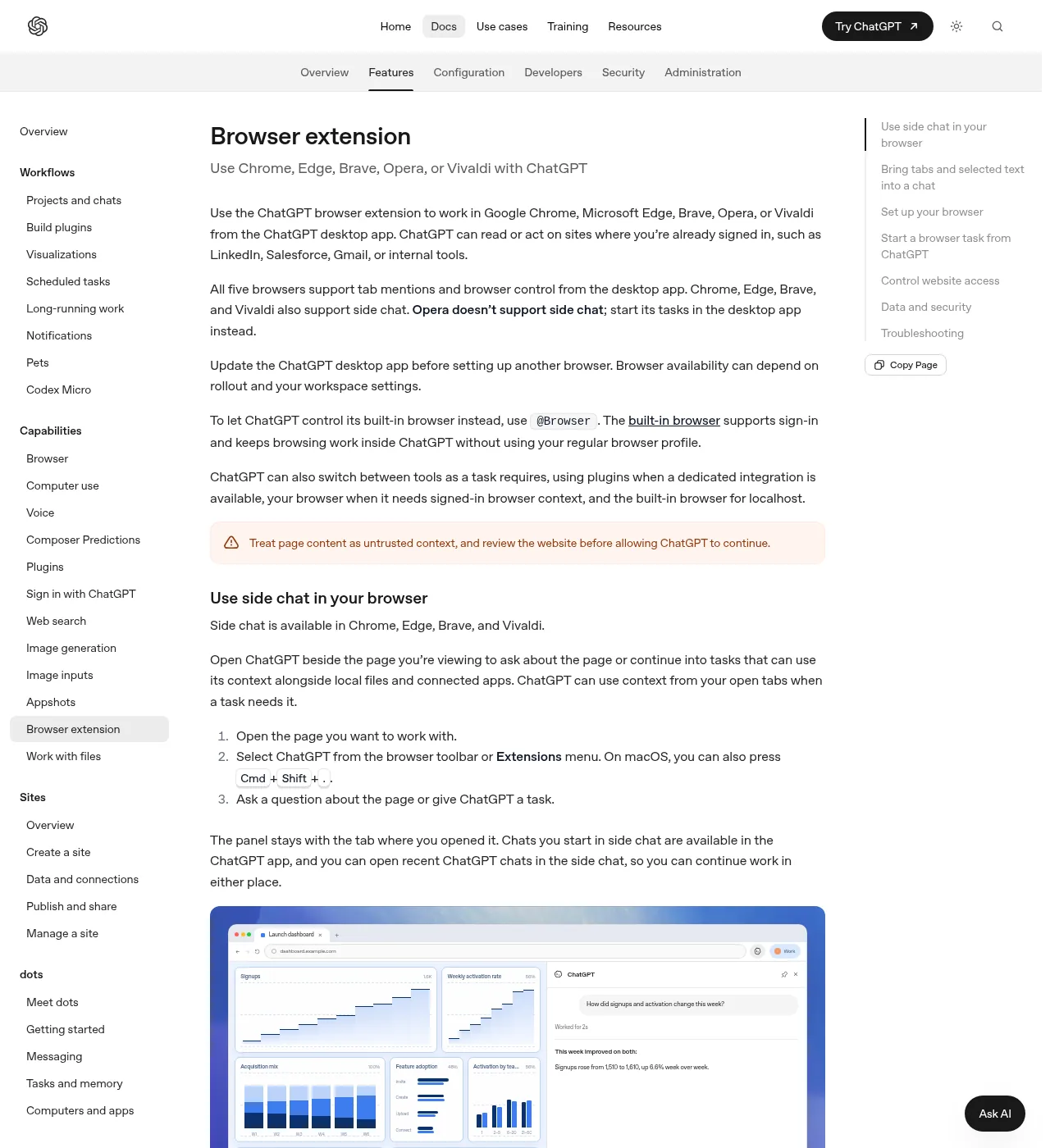 ChatGPT Browser extensionの公式ドキュメント画面