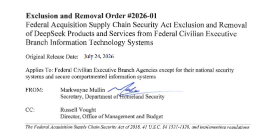 署名入りの命令書「Exclusion and Removal Order #2026-01」の冒頭。Original Release Date: July 24, 2026、発出者は国土安全保障長官Markwayne Mullin氏