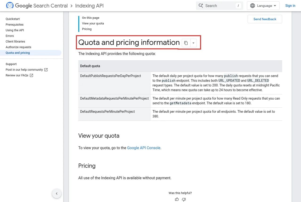 Indexing APIの割り当てと料金を説明するGoogle Search Centralのページ