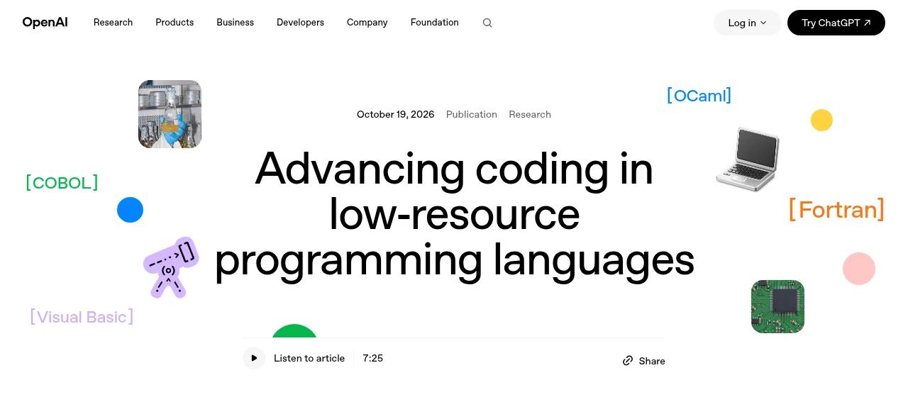 OpenAIの公式ブログ「Advancing coding in low-resource programming languages」(2026年10月19日)の冒頭。COBOL、OCaml、Fortran、Visual Basicの言語名が並んでいる