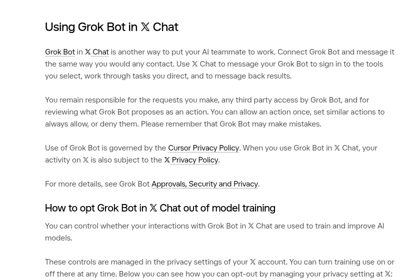 XヘルプセンターのページAbout Grokにある「Using Grok Bot in X Chat」の説明