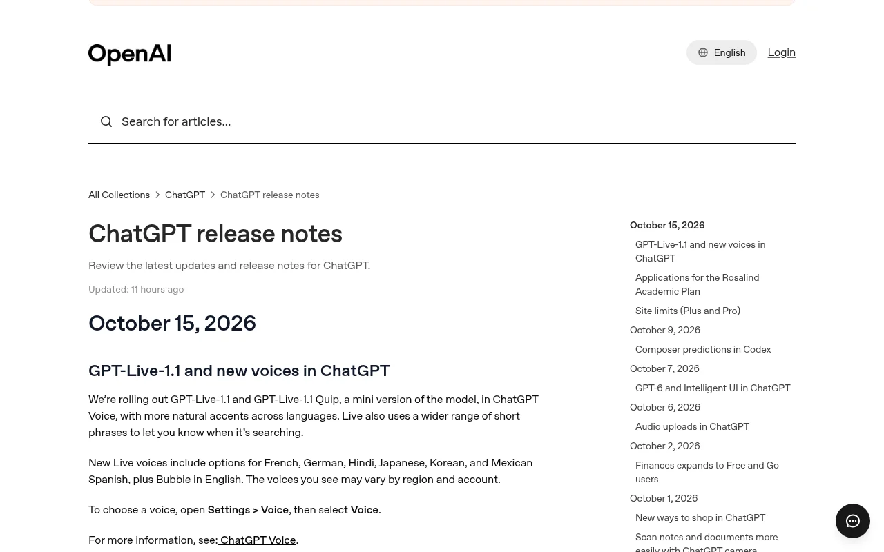 ChatGPT release notes(OpenAI Help Center)の画面