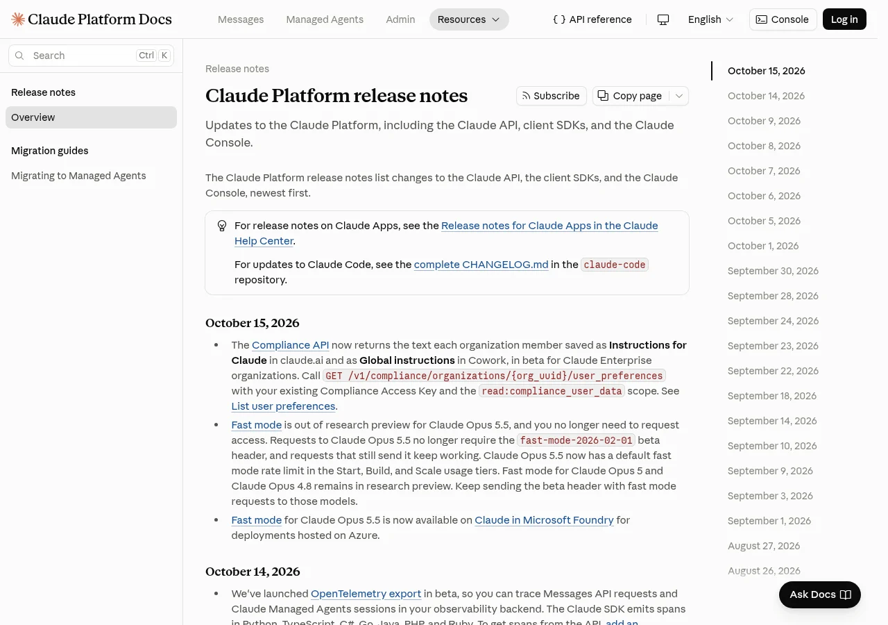 Claude Platform release notesの画面