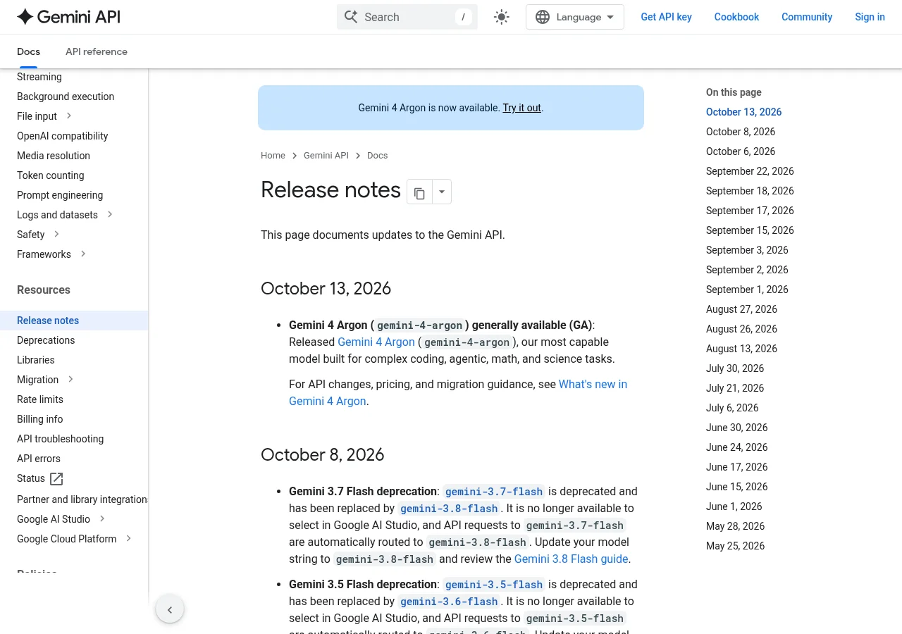 Gemini API Release notesの画面