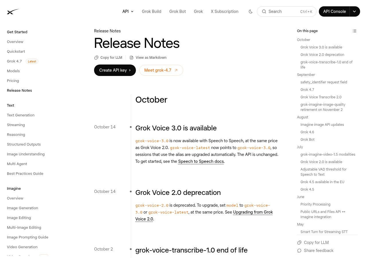 xAI Release Notesの画面