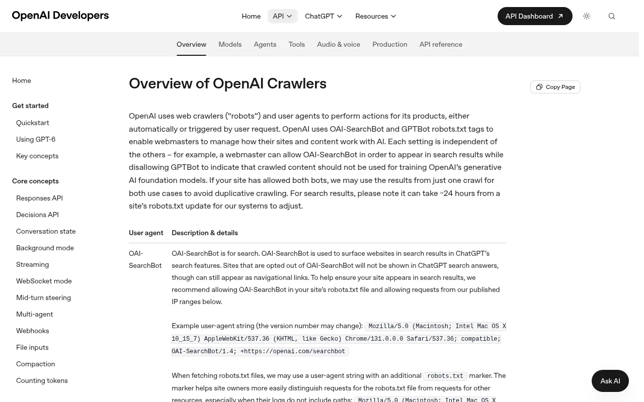 OpenAIのクローラー説明ページの画面