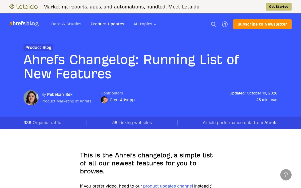 Ahrefs Changelog（Ahrefs公式ブログ）の画面