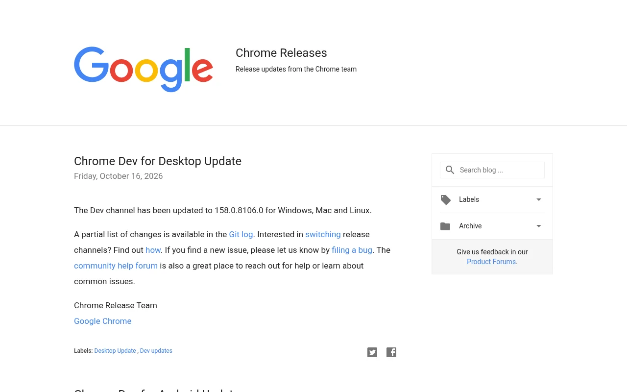 Chrome Releases（公式ブログ）の画面