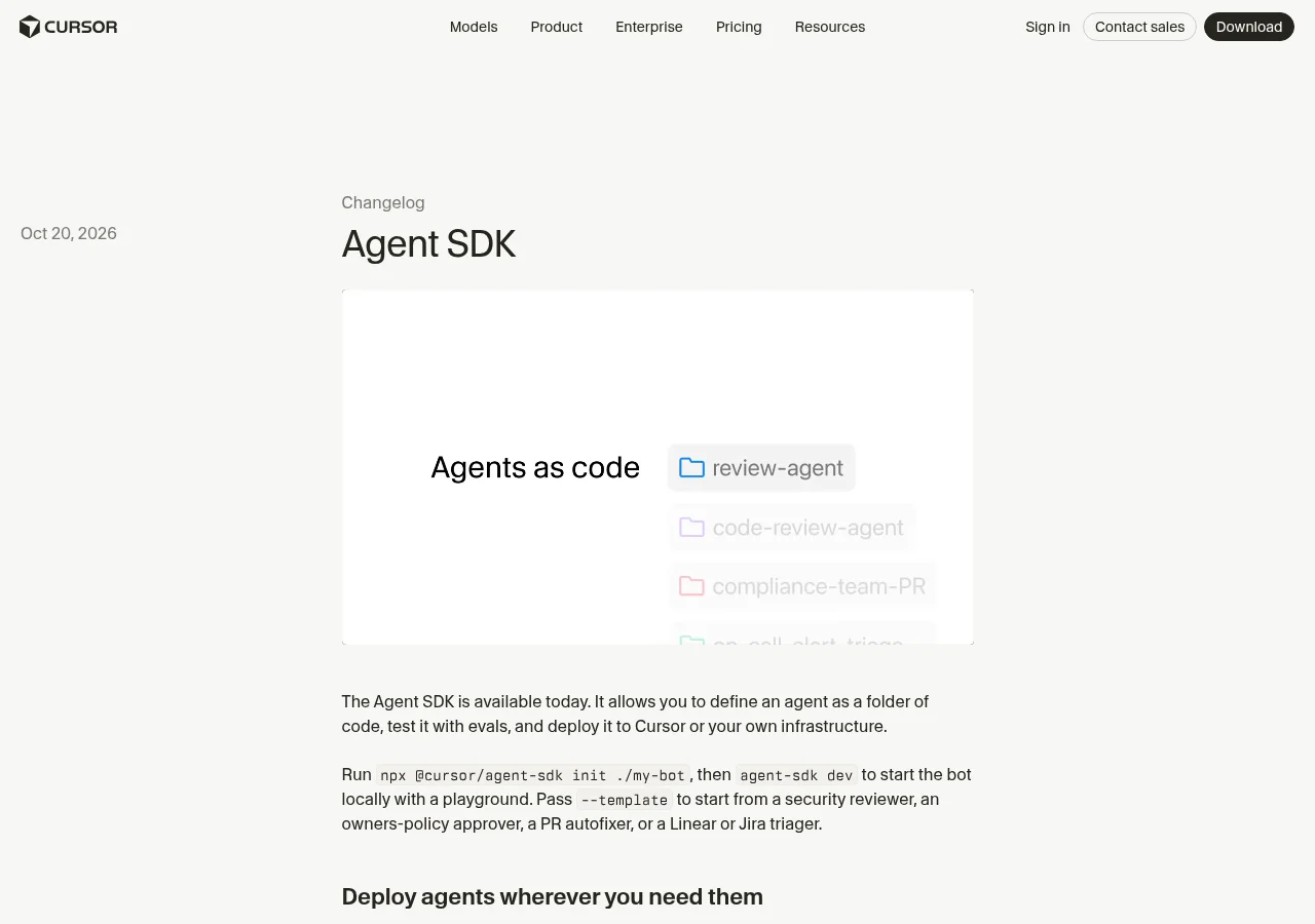 Cursor公式Changelog(Agent SDK)の画面