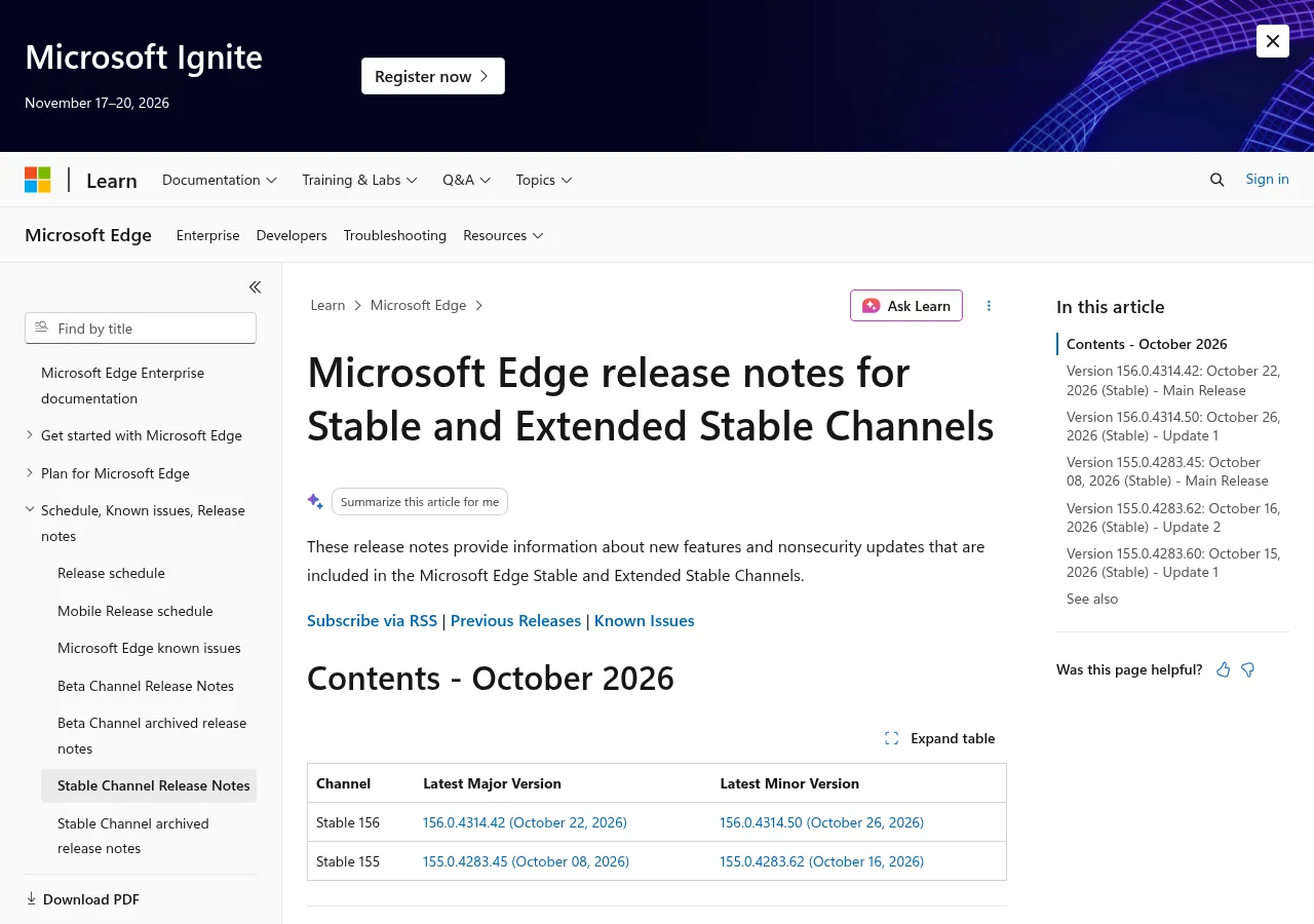 Microsoft Edge Stableチャネル リリースノート（Microsoft Learn）の画面