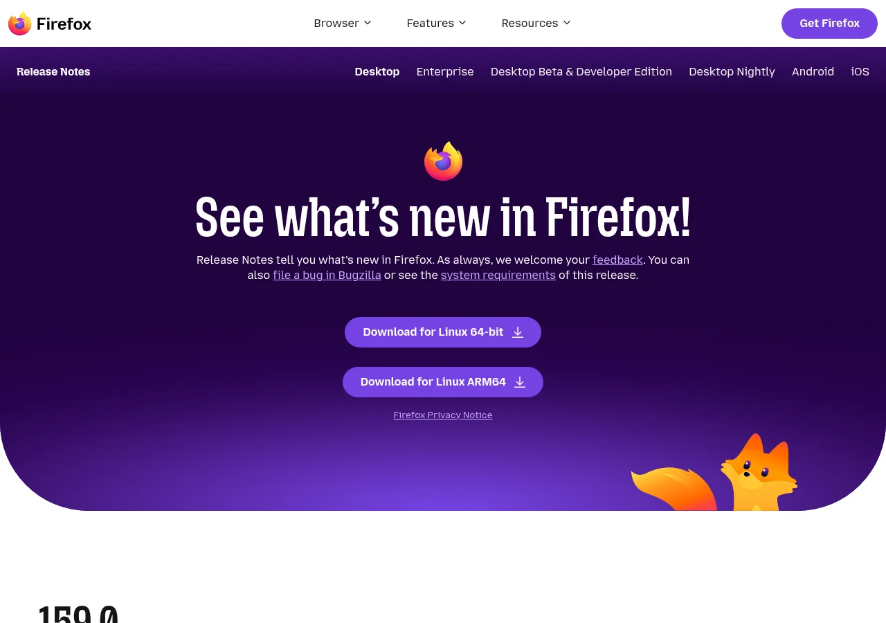 Firefox 159.0 リリースノート(公式)の画面