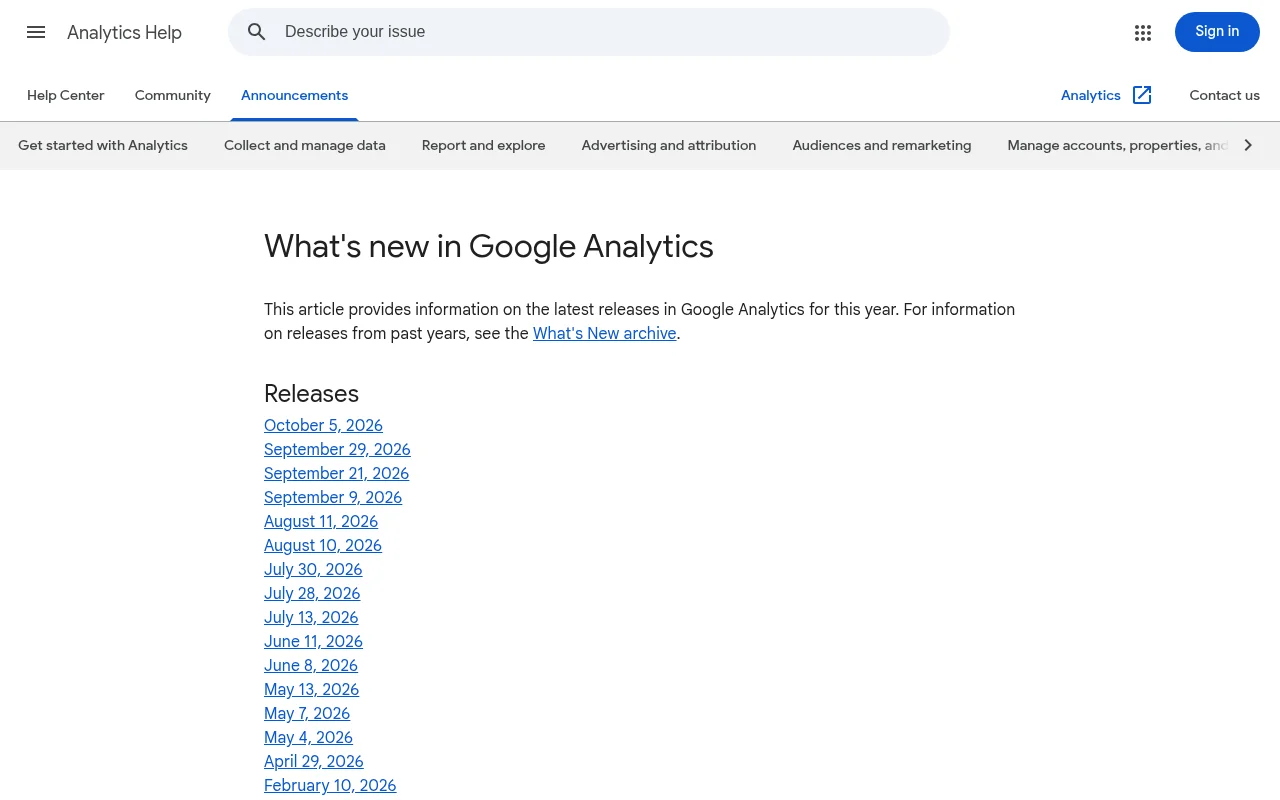 What's new in Google Analytics（アナリティクス ヘルプ）の画面