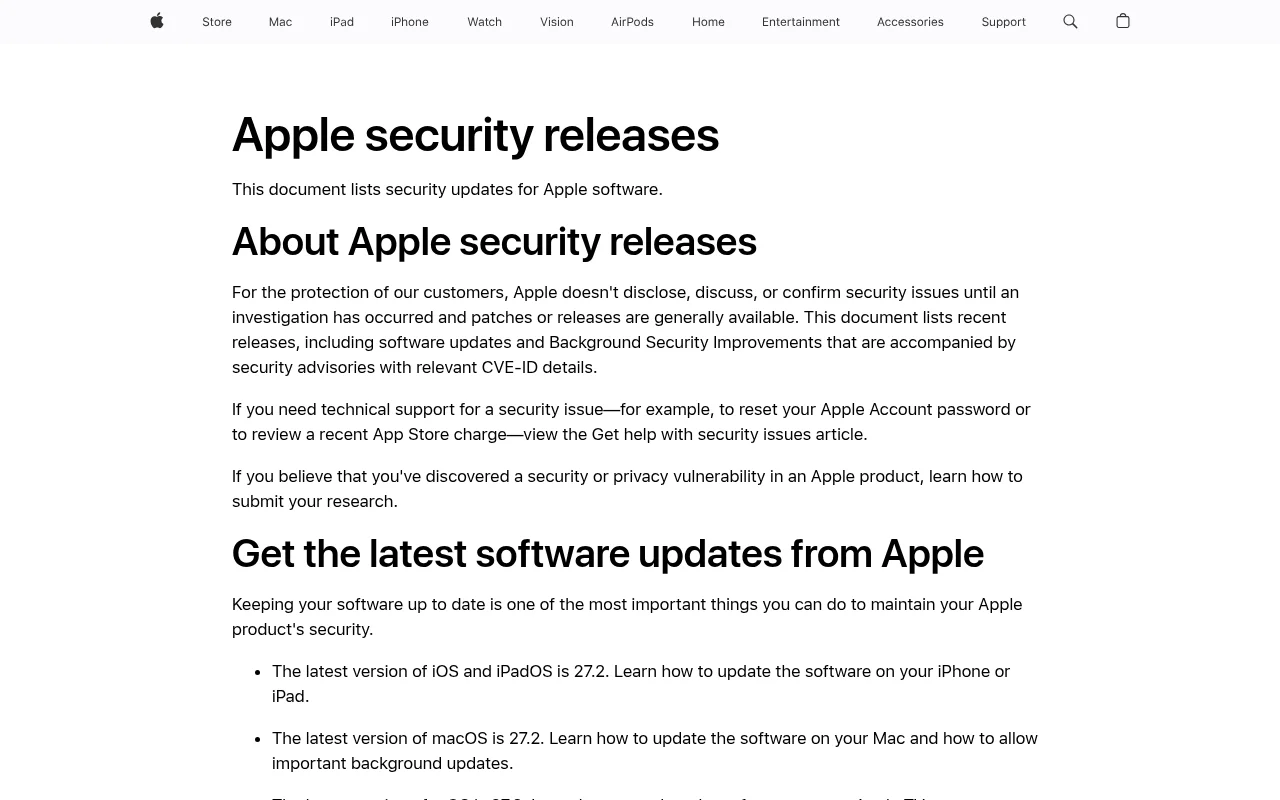Apple security releases(公式のセキュリティアップデート一覧)の画面
